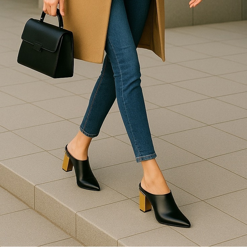 Worthington Nelda Black Gold Heel Mules Sz 6M Block Heel Pumps | New with Box